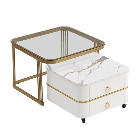 Rootz 2 Piece Coffee Table Set - Stackable Tables - Modular Furniture - High Gloss Marble Look, Glass Top - 60x60x42cm & 50x50x34cm