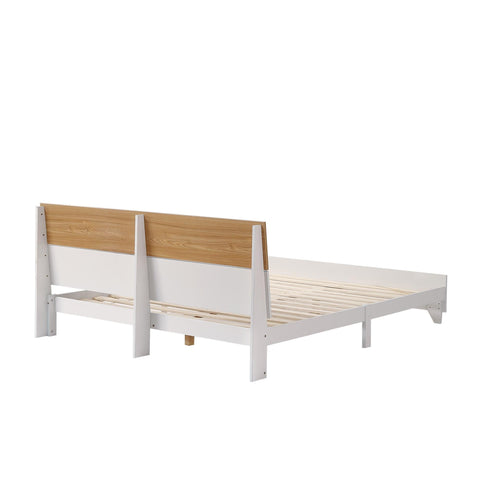 Rootz Double Bed with Headboard - Modern Bed - Sturdy Frame - Optimal Stability - 216.5cm x 172cm x 82cm - White + Natural