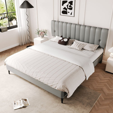 Rootz Gray Upholstered Bed - Modern Bed Frame - Easy-Care Bed - Removable Backrest - PU Material - 203cm x 148cm x 107.5cm