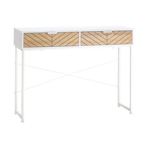 Rootz Console Table - Sofa Table - Entryway Table - Industrial Style - 2 Drawers - 100cm x 30cm x 75cm - Brown Chevron Metal Frame White