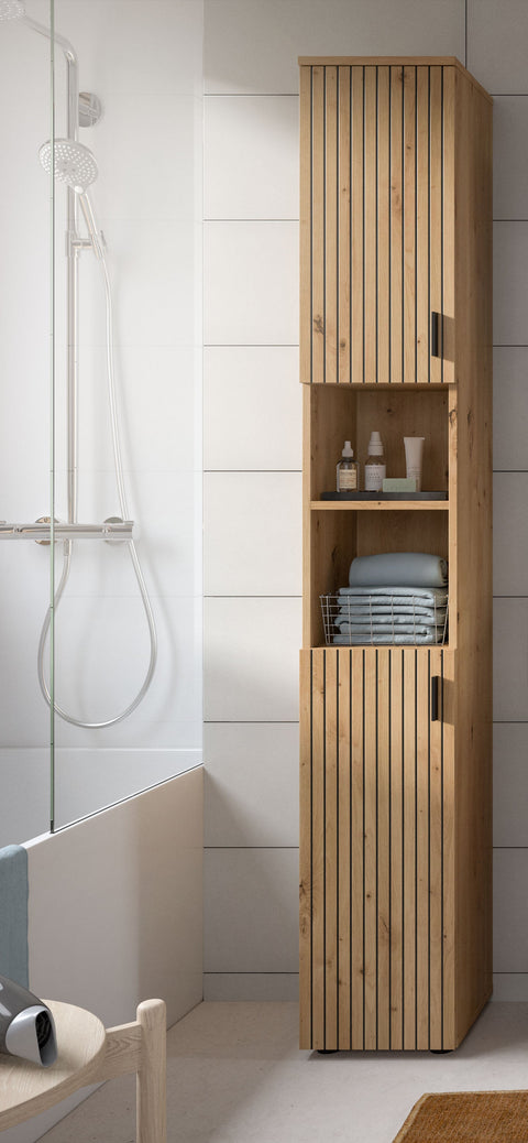 Rootz Bathroom Cabinet - Tall Storage Unit - Oak Imitation Organizer - Easy-Care & Adjustable - 30x192x30 cm