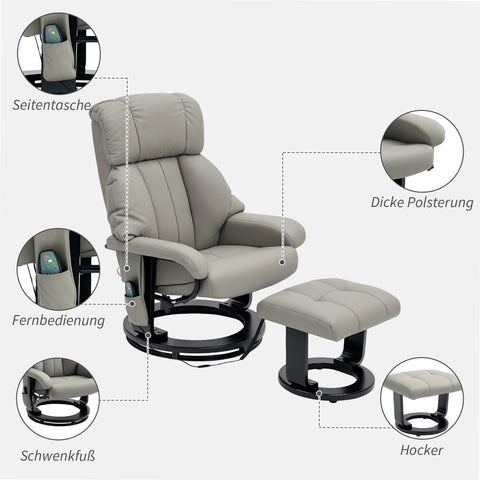 Rootz Relax Massage Armchair - TV Recliner - Easy Chair - 10 Vibration Modes - 76cm x 80cm x 102cm - Grey Synthetic Leather