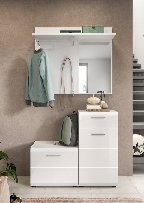 Rootz 4-Piece Wardrobe Set - Coat Rack - Entryway Set - Space-Saving Design - White Gloss 98cm x 191cm x 35cm