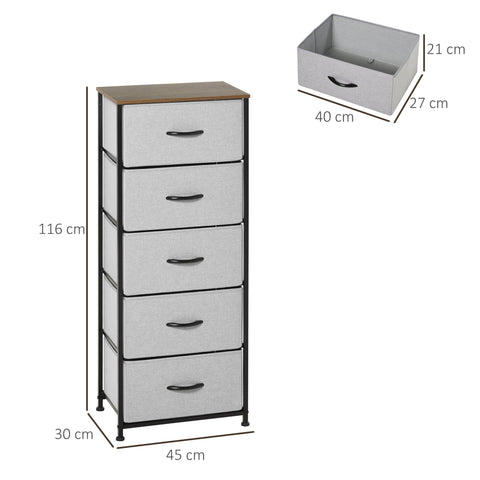 Rootz 5 Drawer Chest - Storage Cabinet - Foldable Fabric Drawer - Optimal Stability - 45 x 30 x 116 cm - Grey