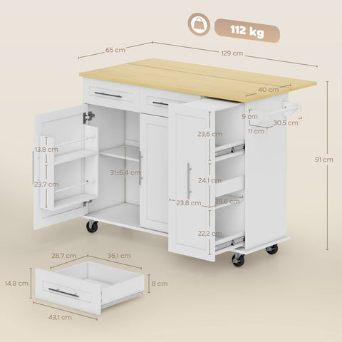Rootz Mobile Kitchen Island - Expandable Surface - Kitchen Trolley - Rolling Cart - Organized Storage - White/Brown- 129x65x91 cm