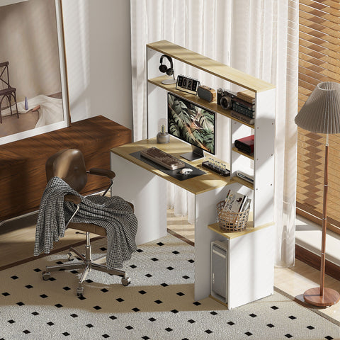 Rootz Computer Table Desk - Workstation - Office Table - Efficient Storage - Brown +White - 113cm x 45cm x 138.5cm