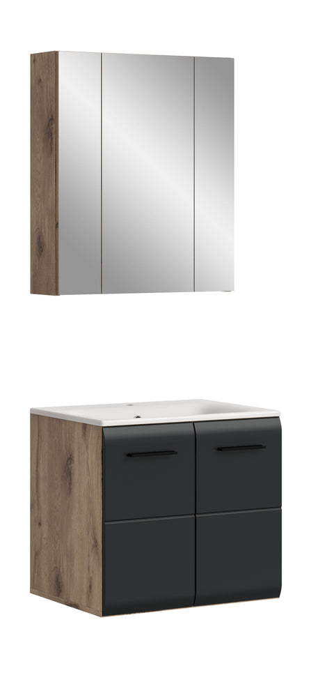 Rootz 3-Piece Bathroom Set - Vanity Unit - Mirror Cabinet - Space-Saving - Dimensions 60x185x46 cm - Black, Brown Finish