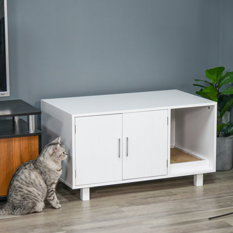 Rootz Litter Box Furniture - Cat Side Table - Scratching Post - Elegant Design - 91L x 52W x 50.5H cm MDF White