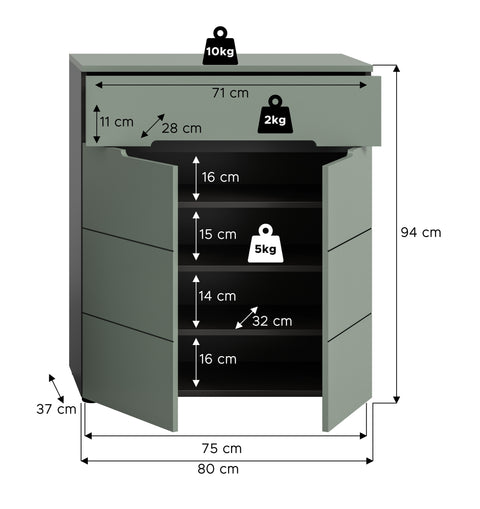 Rootz Shoe Cabinet - Footwear Storage - Shoe Organizer - Green Finish - Space Saver - 94x80x37 cm