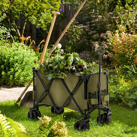 Rootz Folding Handcart - 7 Side Pockets - Adjustable Handle - Up to 120kg - Steel - Green - 100 x 48 x 100.5 cm