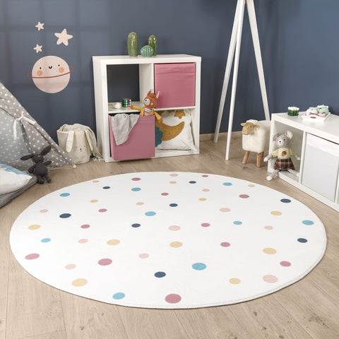 Round Kids Rug – Short Pile – Playful Rainbow Motif – Soft & Durable Polyester