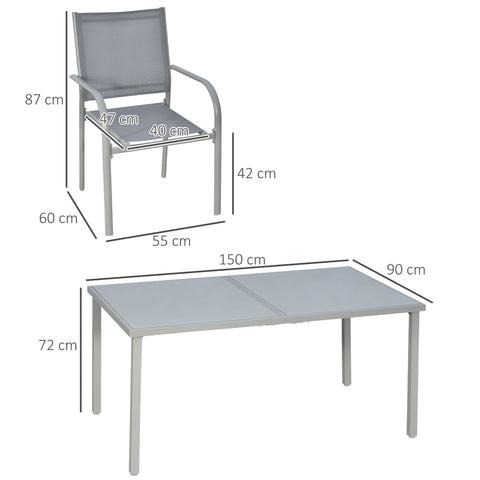 Rootz 7 Piece Garden Furniture Set - Outdoor Patio Set - Stackable Dining Set - Steel & Glass - Table 150x90x72cm, Chairs 55x60x87cm