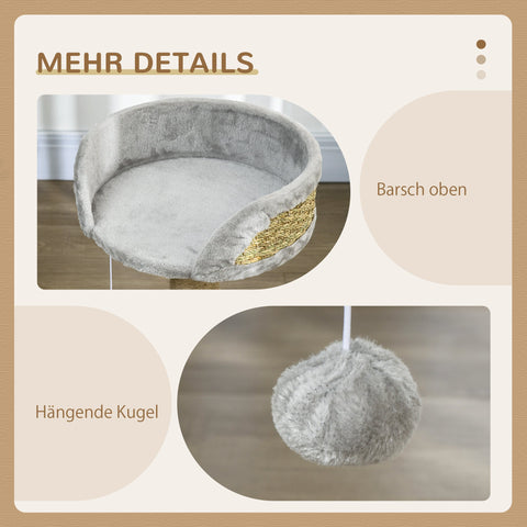 Rootz Scratching Tree Cat Bed - Cat Basket - Play Ball - Soft Plush Comfort - 40cm x 40cm x 49cm - Grey, Brown