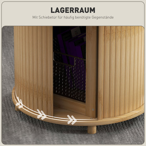Rootz Round Side Table - Coffee Round Table - Bamboo Sofa Table - Hidden Storage, Sliding Door - Ø60 x 45cm, Holds 20 kg