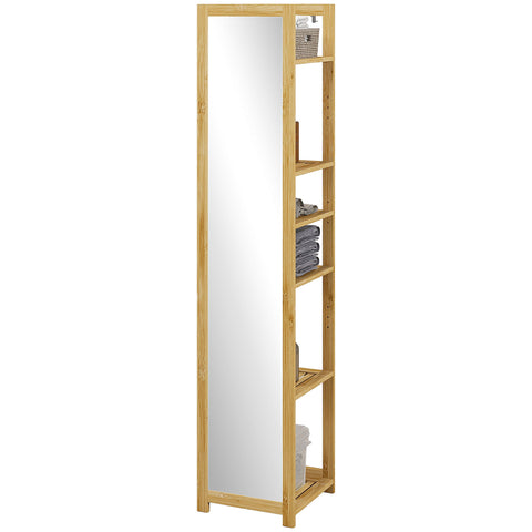 Rootz Tall Bathroom Cabinet - Bathroom Organizer - Bathroom Storage Unit - 6 Shelves & Mirror - Bamboo - 35W x 35D x 168H cm