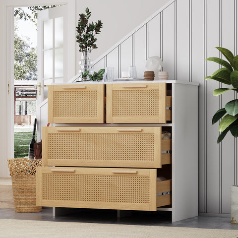 Rootz High-Quality Rattan Cabinet - 4 Drawer Storage - Solid Wood Handles - Durable & Stylish - 80L x 80W x 38H cm