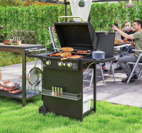 Rootz Gas Grill 9.5 kW - Outdoor BBQ - Griddle - 4 Burners, Side Cooker, Integrated Thermometer - 123 x 57 x 98 cm - Black