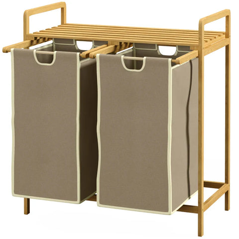 Rootz Laundry Basket - With 2 Laundry Bags - 1 Shelf - Bamboo - Drying Rack - Non-woven Fabric - Light Gray + Natural - 63.5 cm x 33 cm x 73 cm