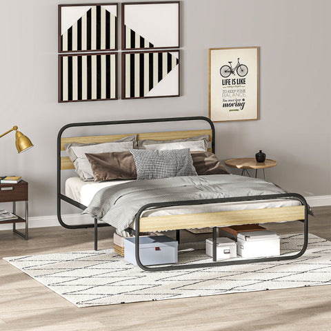 Rootz Industrial Steel Double Bed - Metal Frame - BrownLook - Weight Capacity 320kg - 162cm x 206cm x 100cm