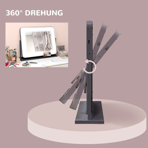 Rootz Rotatable Black LED Make-up Mirror - Vanity Mirror - Cosmetic Mirror - USB Connection - 3 Light Modes - 62.5x14x52 cm