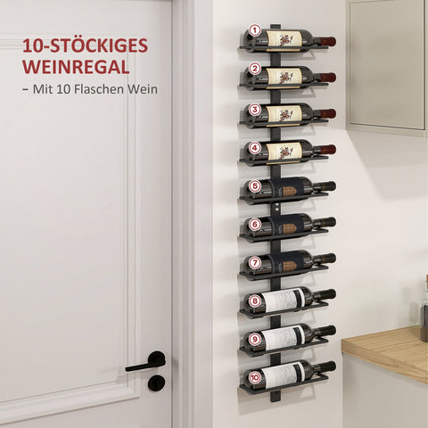 Rootz Wine Rack - Wall Shelf - Bottle Holder - Space-Saving - 27cm x 10cm x 116cm - 10 Bottle Capacity - Black Metal Construction