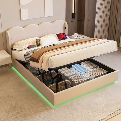 Rootz Double Bed - Wavy Headboard - Hydraulic Storage - Velvet Optics - USB Ports - 205cm x 148cm x 96cm