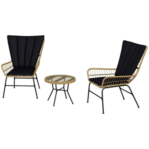 Rootz Garden Furniture Sets - Bistro Set - Boho Style - Balcony Furniture - Weather Resistant - Coffee Table - Seat Cushions - Steel Tube-pe Rattan - Natural Wood-black - 78 x 68 x 95 cm