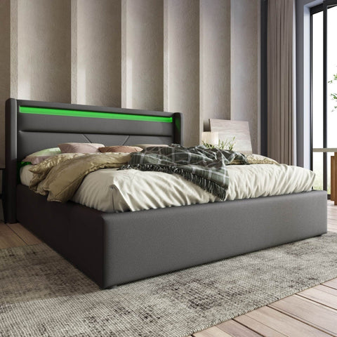 Rootz Double Bed with Hydraulic Storage - Bed Frame - Platform Bed - LED Lighting - Elegant & Practical - 202x146x107.5 cm