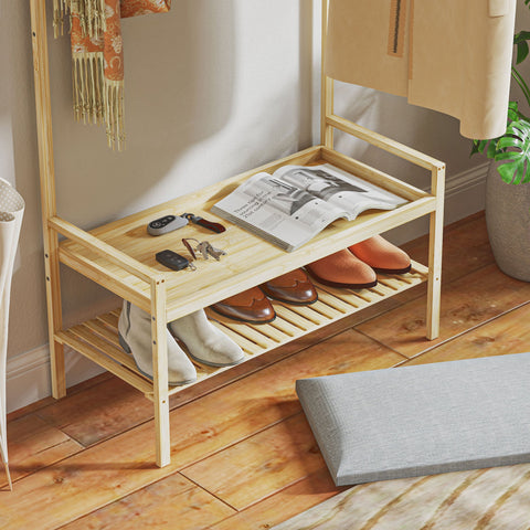 Rootz Wardrobe with Shoe Bench - Clothes Rail - Hall Tree - Bamboo Storage - 73.5cm x 34cm x 171cm