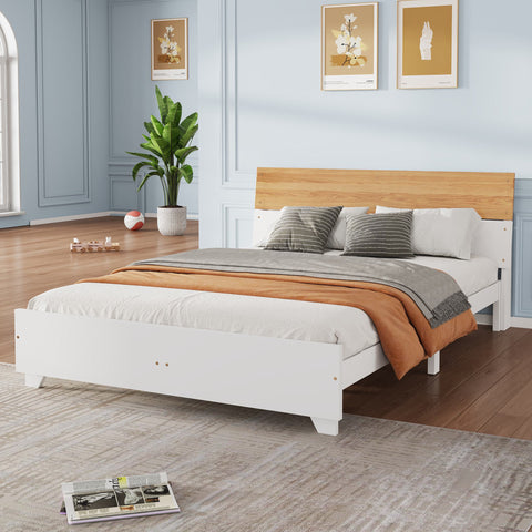 Rootz Double Bed with Headboard - Modern Bed - Sturdy Frame - Optimal Stability - 216.5cm x 172cm x 82cm - White + Natural