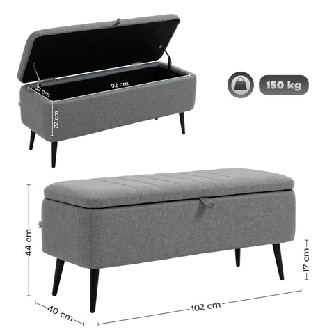 Rootz Upholstered Storage Bench - Seat Chest - Linen Look - Extra Storage - 102 x 40 x 44 cm - Grey