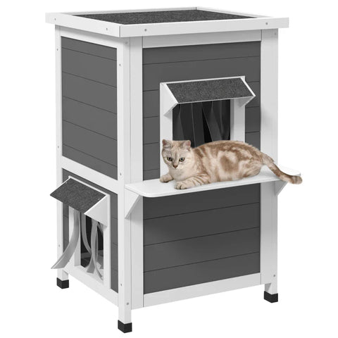 Rootz Cat House - Two Levels - Outdoor - Weatherproof - Fir Wood - White + Gray - 60 cm x 60 cm x 81.5 cm