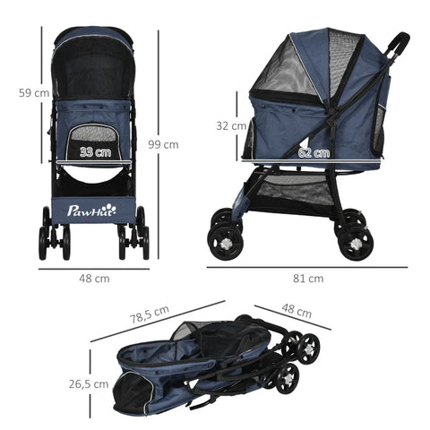 Rootz Folding Dog Stroller - Pet Stroller - 1 Basket - 1 Cushion - 1 Side Pocket - Universal Wheels - Navy Blue - 81cm x 48cm x 99cm