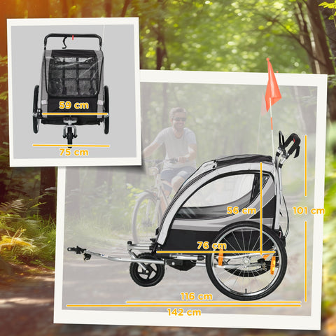 Rootz Children's Bicycle Trailer - Push Cart - Stroller - Foldable with Brakes - 142 x 75 x 101cm - Safe & Comfortable Journey for 2 Kids