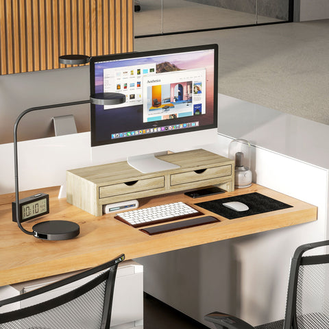 Rootz Monitor Stand - PC Desk Organizer - Screen Riser - Ergonomic Design - 60-116cm Adjustable - Dual Drawers - Brown