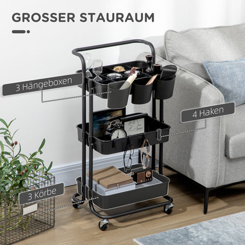 Rootz 3 Tier Trolley Storage Baskets - Organizer Cart - Mobile Storage - Compact Design - 42cm x 38cm x 86.5cm