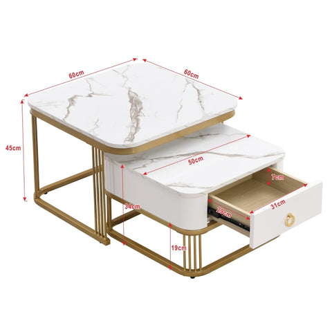 Rootz 2 Piece Coffee Table Set - Nesting Tables - High-Gloss Marble - Extra Storage - 60x60x45cm & 50x50x34cm