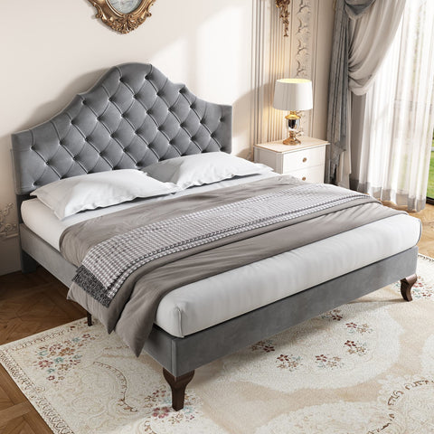 Rootz Upholstered Bed - Adjustable Headboard - Slatted Frame - Velvet Comfort - 203cm x 140cm x 118-124cm - Gray