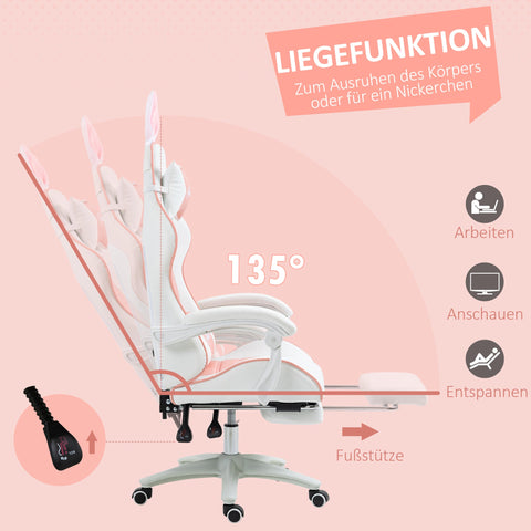 Rootz Pink Gaming Chair - Ergonomic Gamer Chair - Reclining Chair - Lumbar Support & Footrest - 65cm x 63cm x 136-142cm