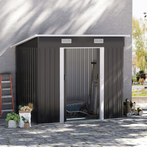 Rootz Equipment Shed Metal 2.3 m² - Garden Storage - Outdoor Tool Shed - Robust and Durable - 207 x 130 x 182 cm - Black - Pent Roof & Sliding Door