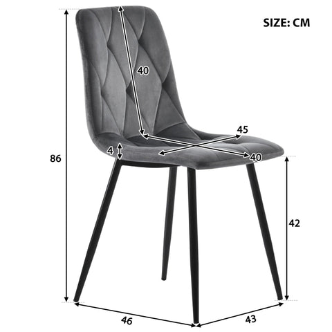 Rootz 4 Piece Set Gray Velvet Dining Chairs - Elegant Seating - Comfortable Chairs - Sturdy Black Metal Legs - 45L x 40W x 86H cm