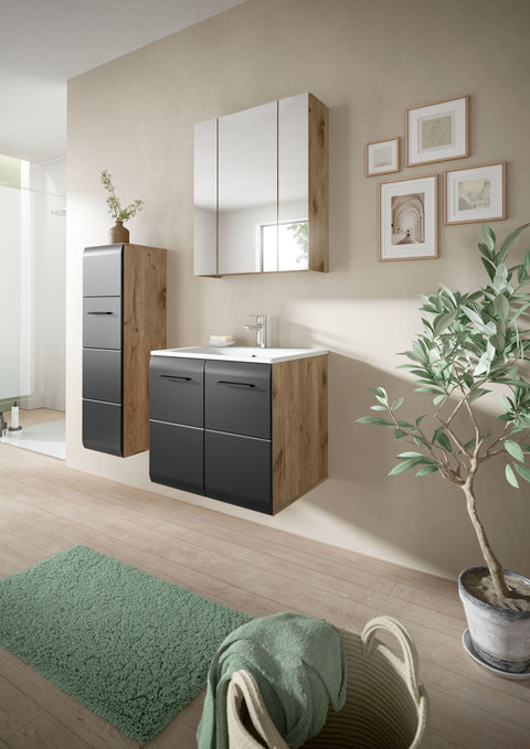 Rootz 3-Piece Bathroom Set - Vanity Unit - Mirror Cabinet - Space-Saving - Dimensions 60x185x46 cm - Black, Brown Finish