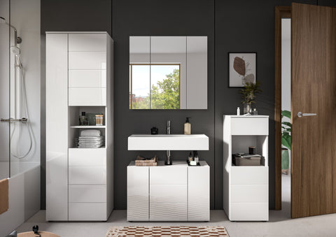 Rootz 4 Piece Bathroom Set - Vanity & Mirror Cabinet - High Gloss Finish - Space Optimizer - 210x190x34 cm