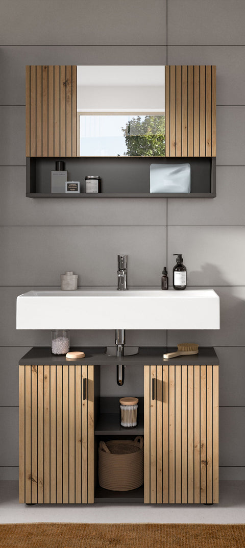 Rootz Bathroom Cabinet Set - Vanity Unit - Mirror Cabinet - Space-Saving - 80x180x30 cm Grey & Brown