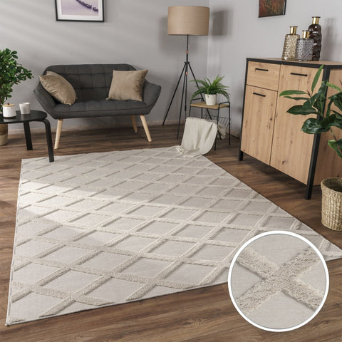 Modern Diamond Pattern Rug – Soft Short Pile – Durable & Easy Care – 3D Effect