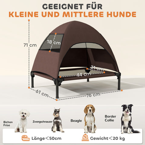 Rootz Outdoor Elevated Dog Bed - Canopy Lounger - Elevated Pet Cot - Sun Protection - 76cm x 61cm x 71cm - Brown