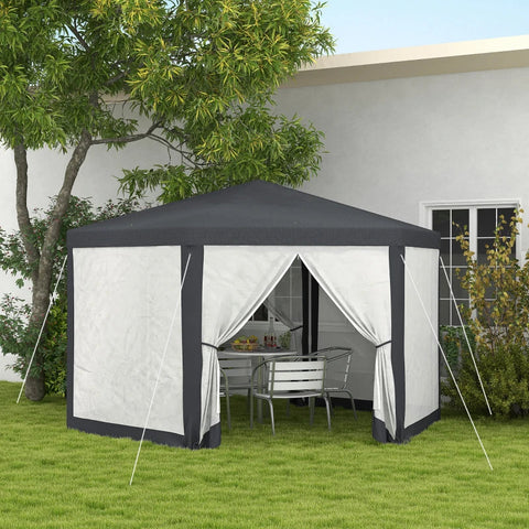 Rootz Gazebo - Garden Pavilion - Hexagonal - Ground Spikes - Mesh Curtains - Metal Frame - Polyester - Metal - Dark Gray - L394 x W341.2 x H250 cm