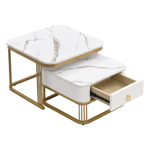 Rootz 2 Piece Coffee Table Set - Nesting Tables - High-Gloss Marble - Extra Storage - 60x60x45cm & 50x50x34cm