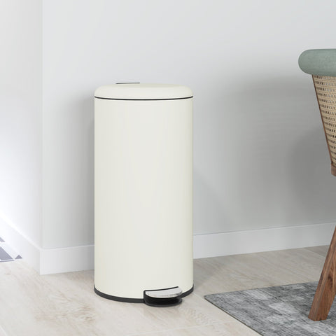 Rootz Trash Can 30L - Pedal Bin - Stain Resistant Bin - Hands-Free Use - 36cm x 30cm x 63.5cm - White