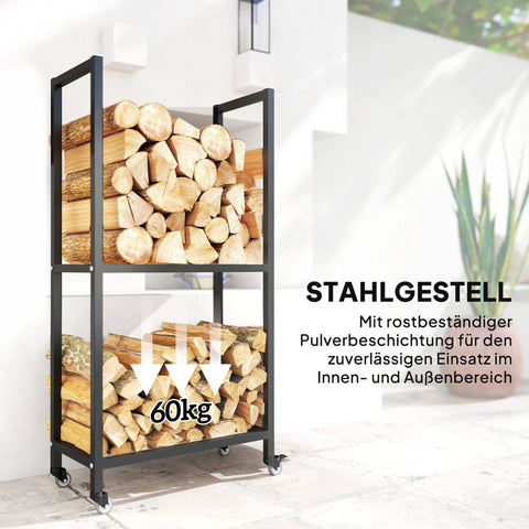Rootz Firewood Rack – Indoor Log Holder – Steel Wood Storage – 2 Tiers, Rolling Wheels, Organized Firewood, 60 x 30 x 119 cm – Black